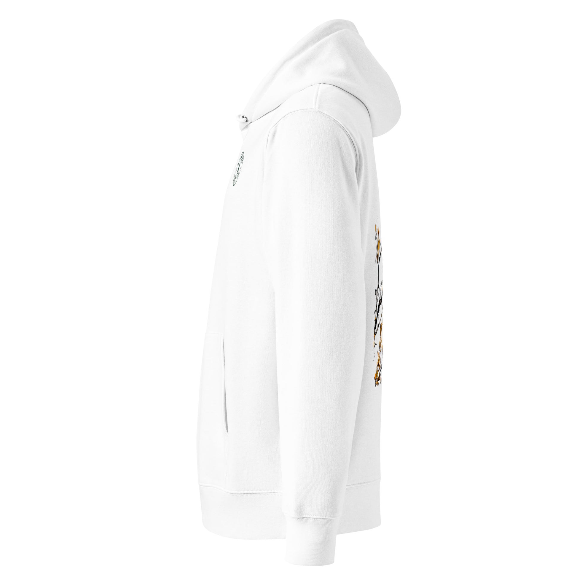 Side angle showing the double-layered hood and comfortable regular fit of the sustainable white owl graphic hoodie.