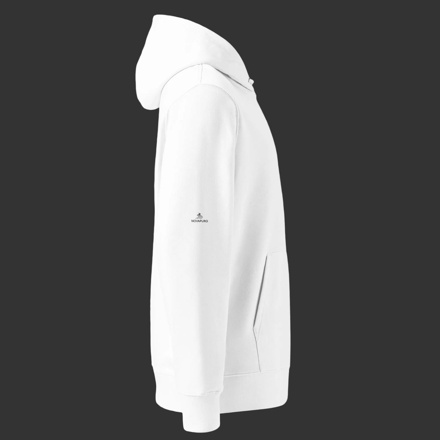 A premium white organic cotton hoodie featuring a beautiful watercolor painting of a Nordic owl on the back and subtle brand logos on the sleeves.