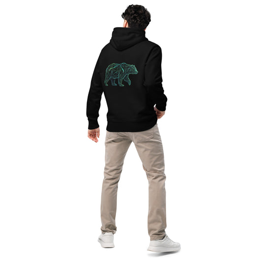 Novapuro Original Revontuli-Otso Premium Hoodie. Sustainable organic cotton hoodie with artistic Northern Lights and bear design. Nordic mythology inspired.
