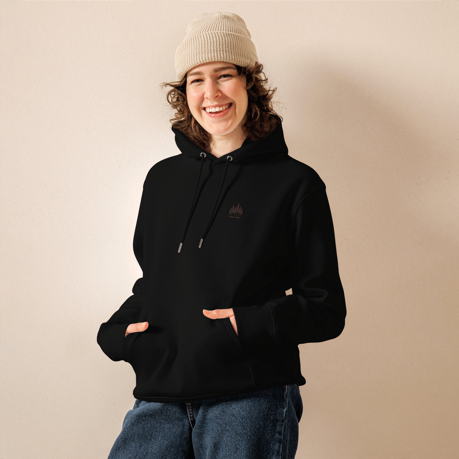 Novapuro Organic Premium Eco Hoodie. Sustainable organic cotton pullover with minimalist text design. High-quality eco-friendly fashion.
