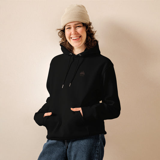 Novapuro Organic Premium Eco Hoodie. Sustainable organic cotton pullover with minimalist text design. High-quality eco-friendly fashion.