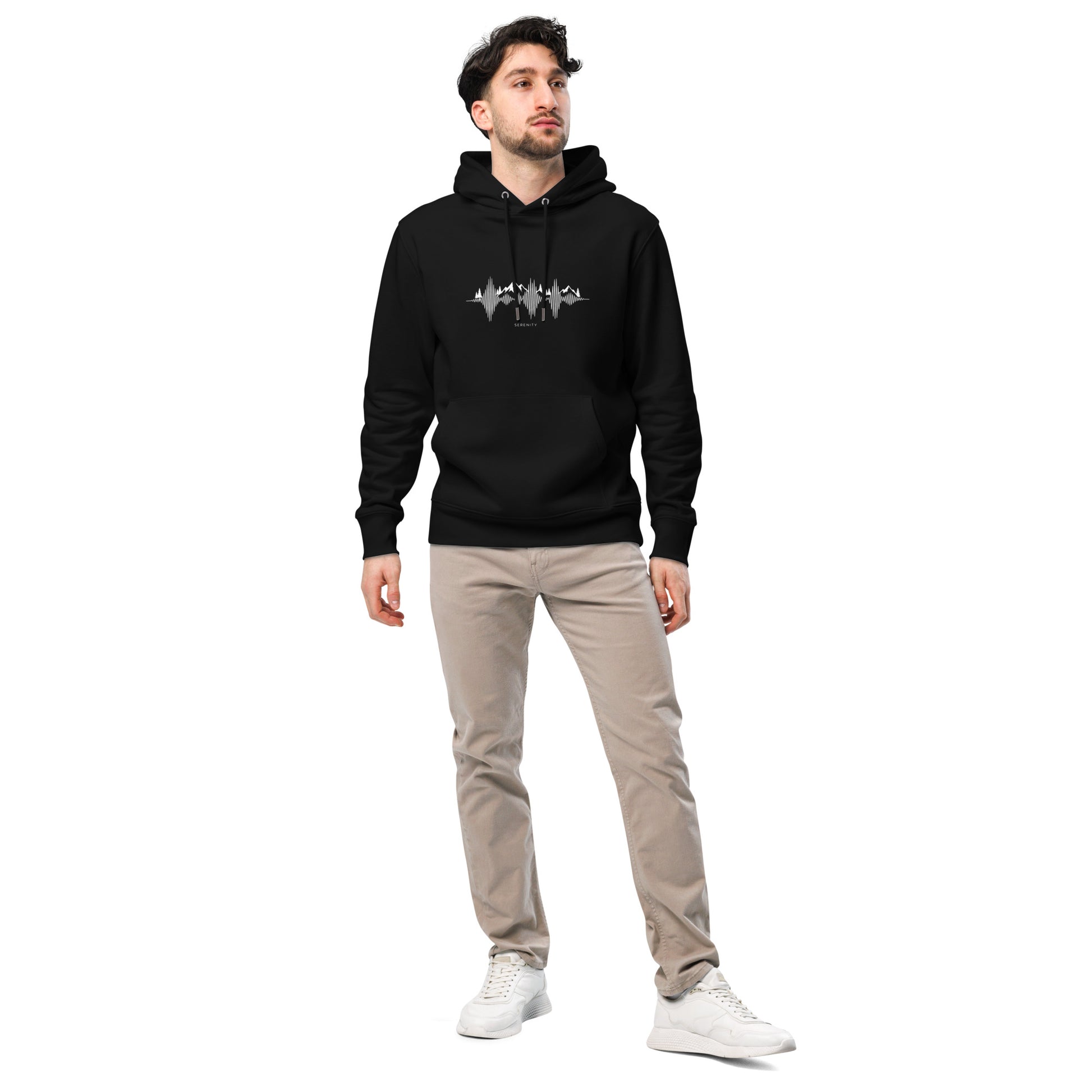 Novapuro Sound of Silence Premium Eco Hoodie. Sustainable organic cotton hoodie with minimalist Nordic design emphasizing calm and nature. Cozy unisex streetwear.
