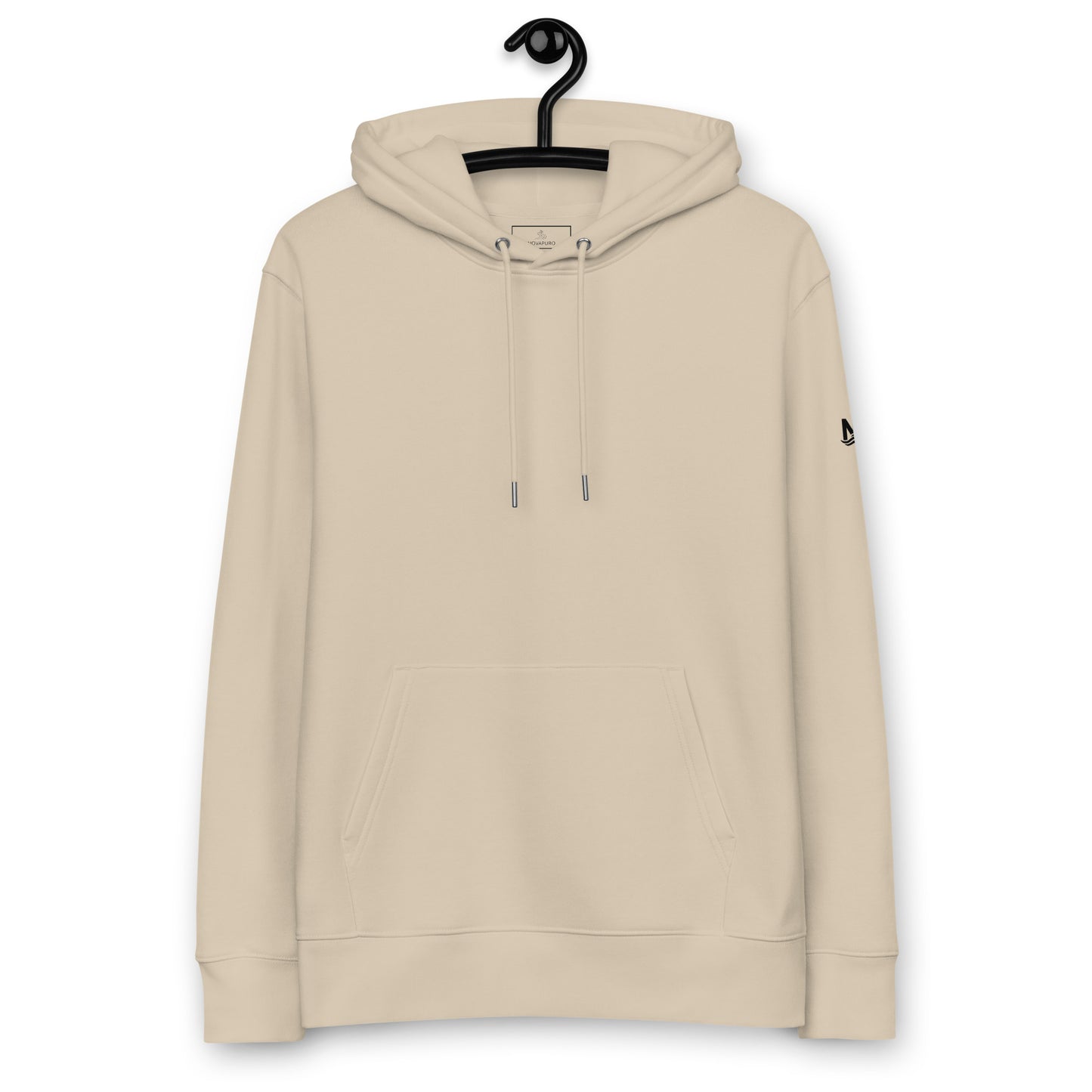 A Desert Dust colored eco-friendly hoodie featuring a large back print of a bald eagle soaring over mountains with a golden sun and the text "GUARDIAN OF THE SKIES".