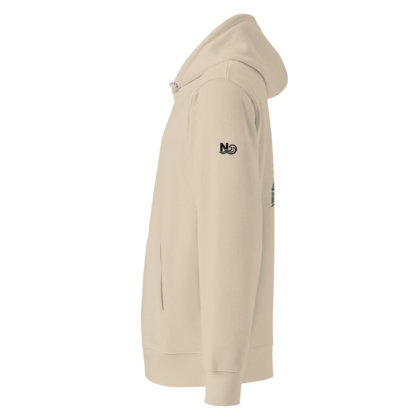 A Desert Dust colored eco-friendly hoodie featuring a large back print of a bald eagle soaring over mountains with a golden sun and the text "GUARDIAN OF THE SKIES".