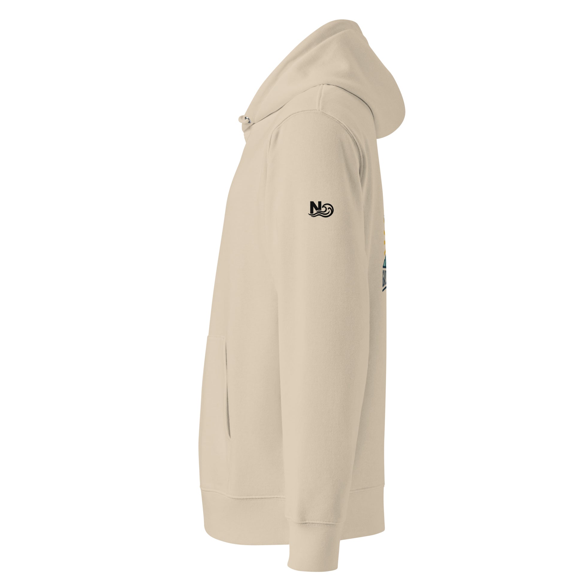 A Desert Dust colored eco-friendly hoodie featuring a large back print of a bald eagle soaring over mountains with a golden sun and the text "GUARDIAN OF THE SKIES".