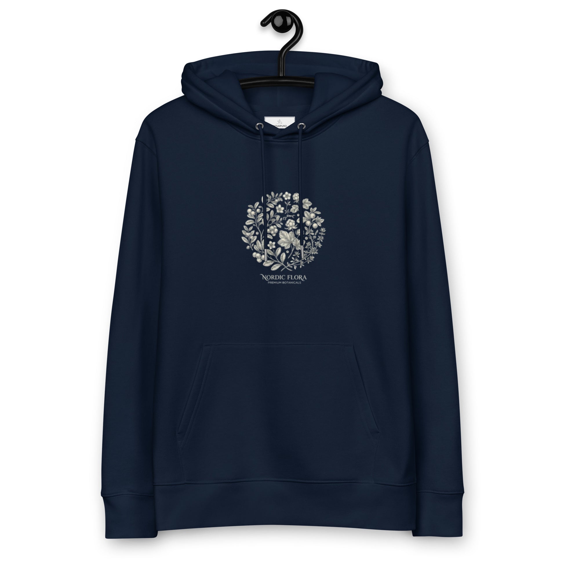 A navy blue premium eco-friendly hoodie featuring a detailed, vintage-style white botanical illustration of Nordic flora on the chest.