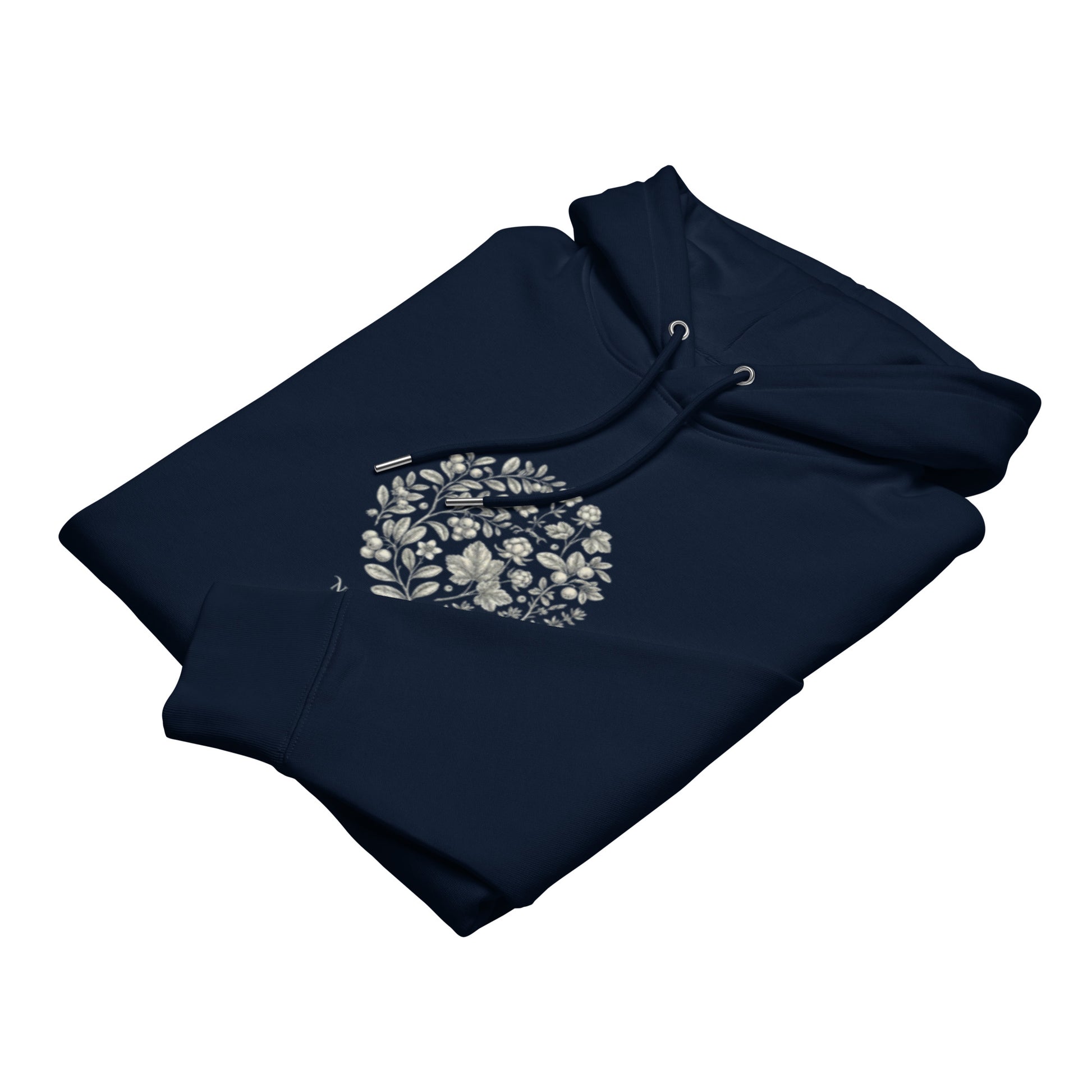A navy blue premium eco-friendly hoodie featuring a detailed, vintage-style white botanical illustration of Nordic flora on the chest.