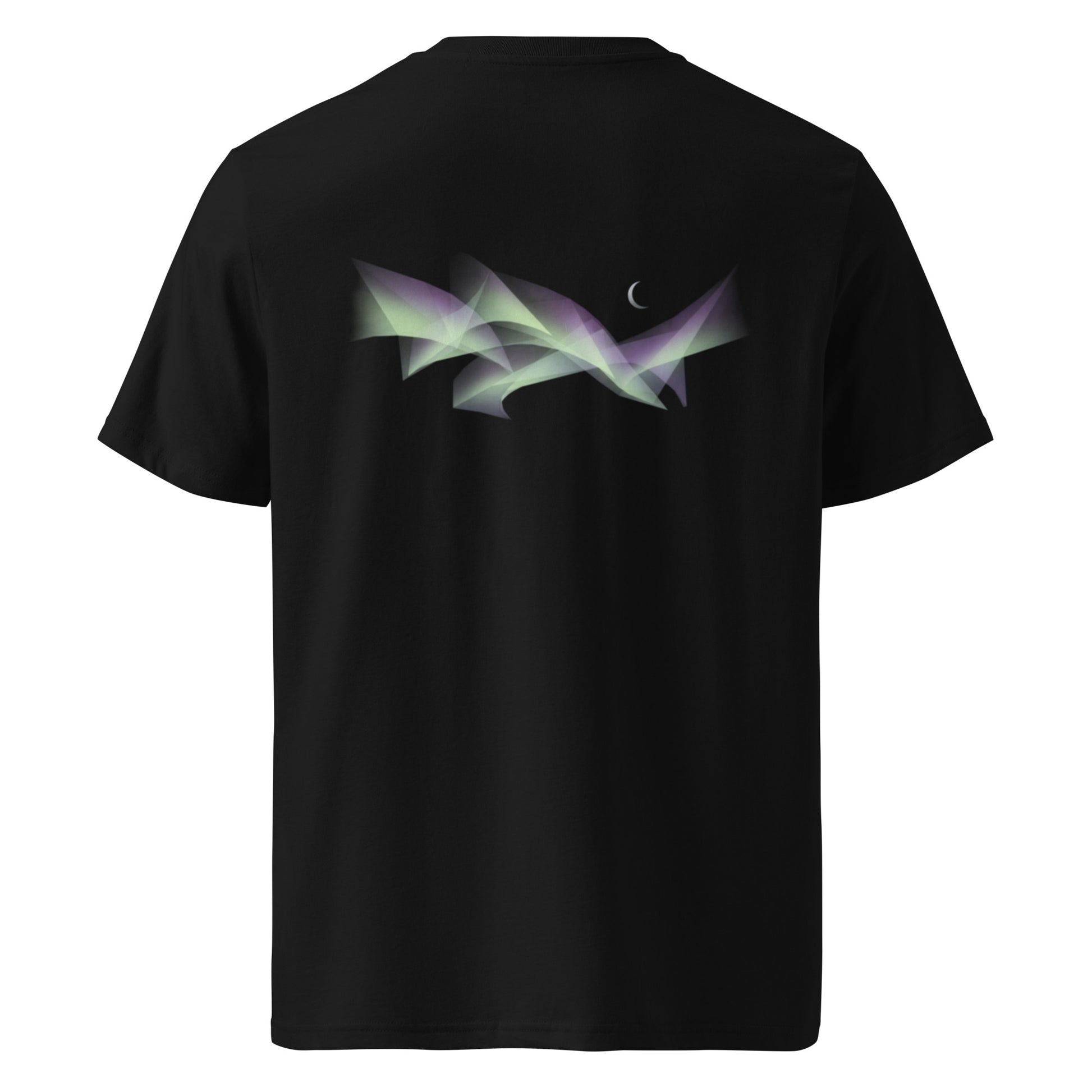 Back view of the black Novapuro organic cotton t-shirt featuring a green and purple abstract Aurora Borealis graphic