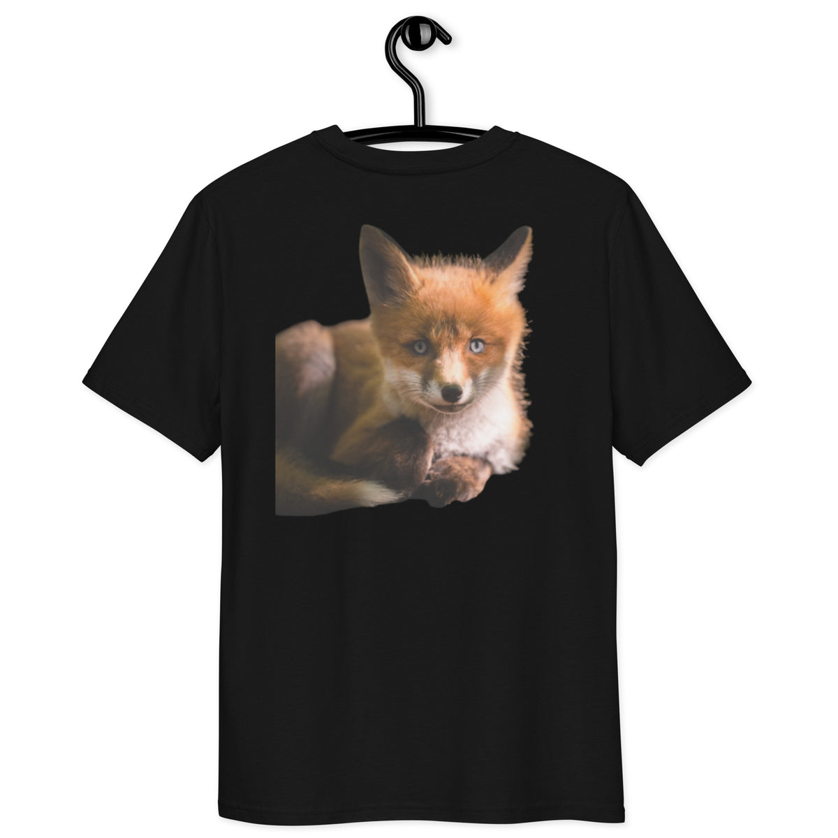 Back view of the sustainable black organic t-shirt featuring the exclusive 'Wild Fox' wildlife photography artwork.   