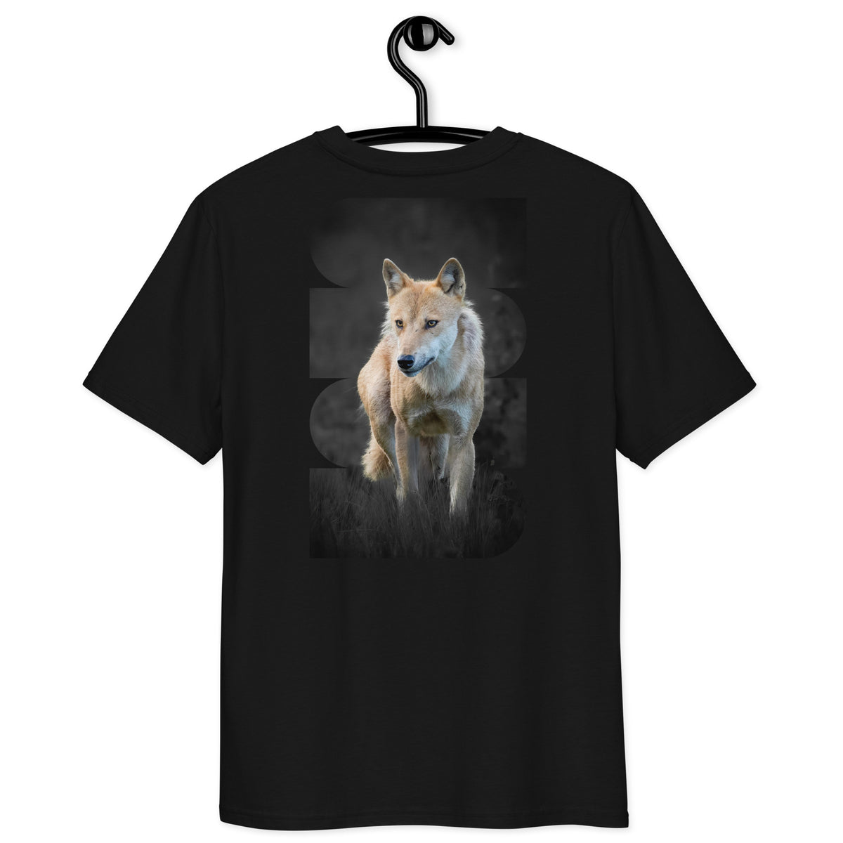 Product mock-up of a premium black organic cotton t-shirt featuring a back print of a Nordic wolf by Novapuro.