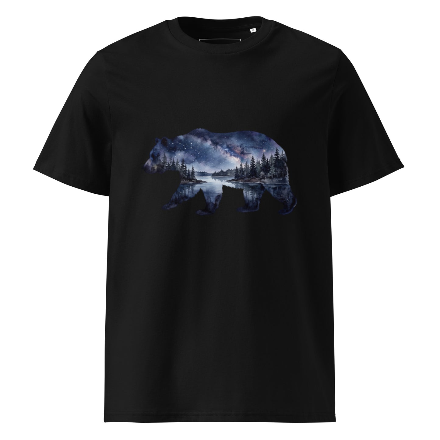 Double exposure bear silhouette graphic with a starry night and lake on a black eco-friendly organic cotton t-shirt by Novapuro.