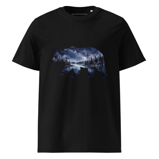 Double exposure bear silhouette graphic with a starry night and lake on a black eco-friendly organic cotton t-shirt by Novapuro.