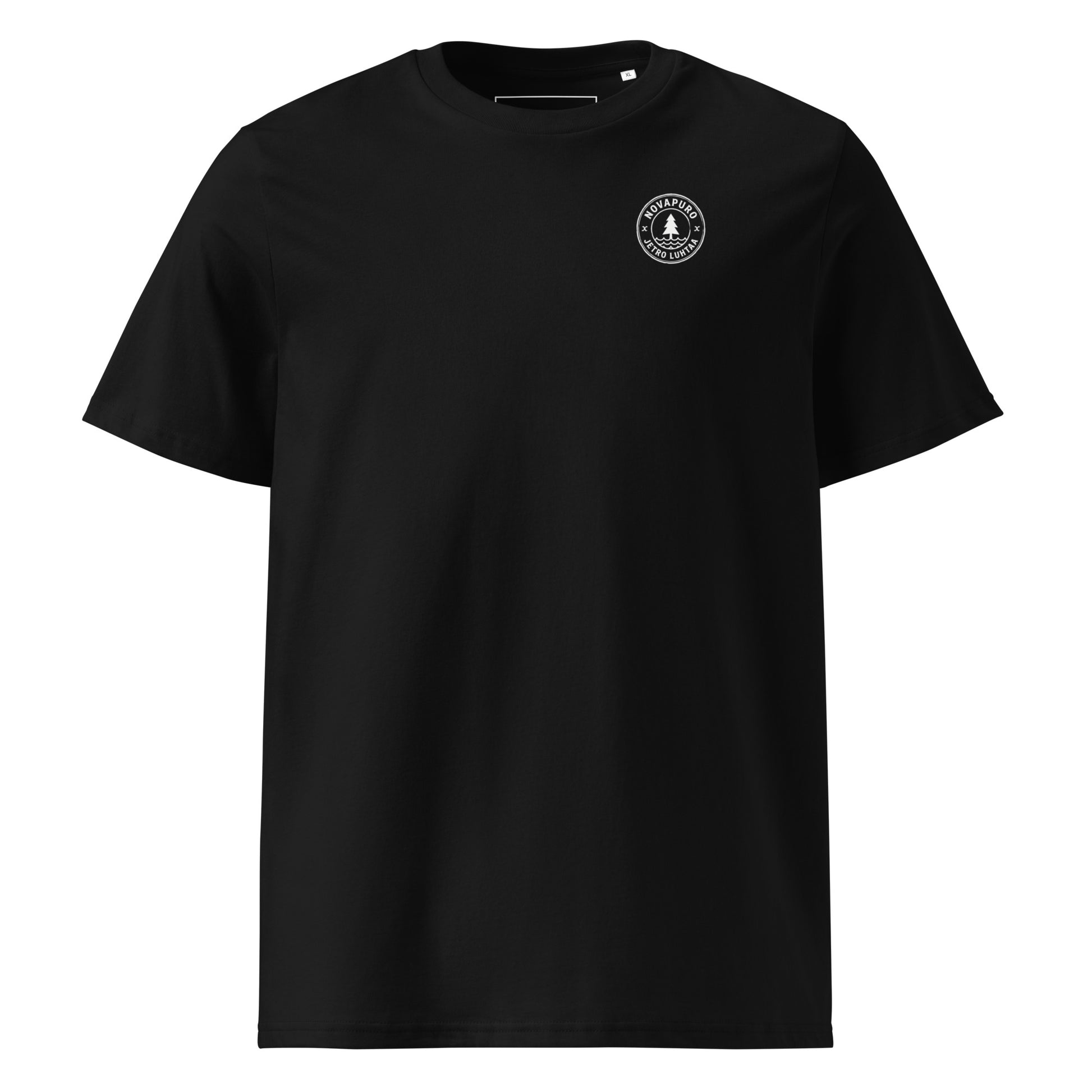 Front view of the eco-friendly black organic t-shirt from the Jetro Luhtaa Nordic nature collection.