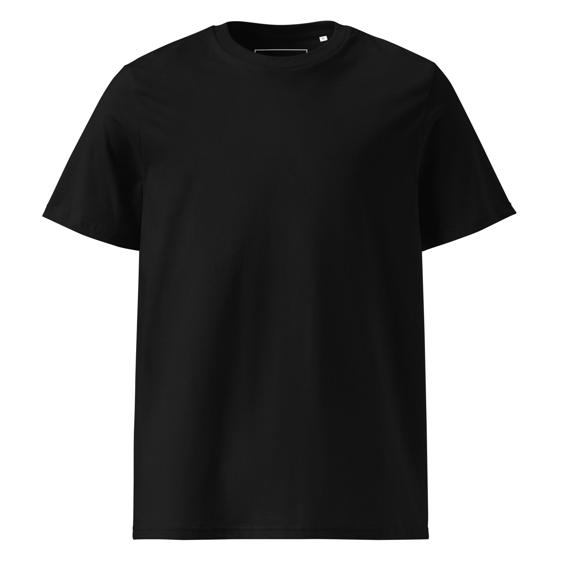Front view of the blank black Novapuro sustainable organic cotton t-shirt featuring a classic ribbed collar and medium unisex fit