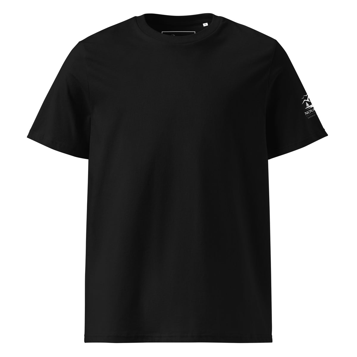 Front view of the black minimalist organic cotton eco t-shirt from the Novapuro x Jarno Virtanen collection.