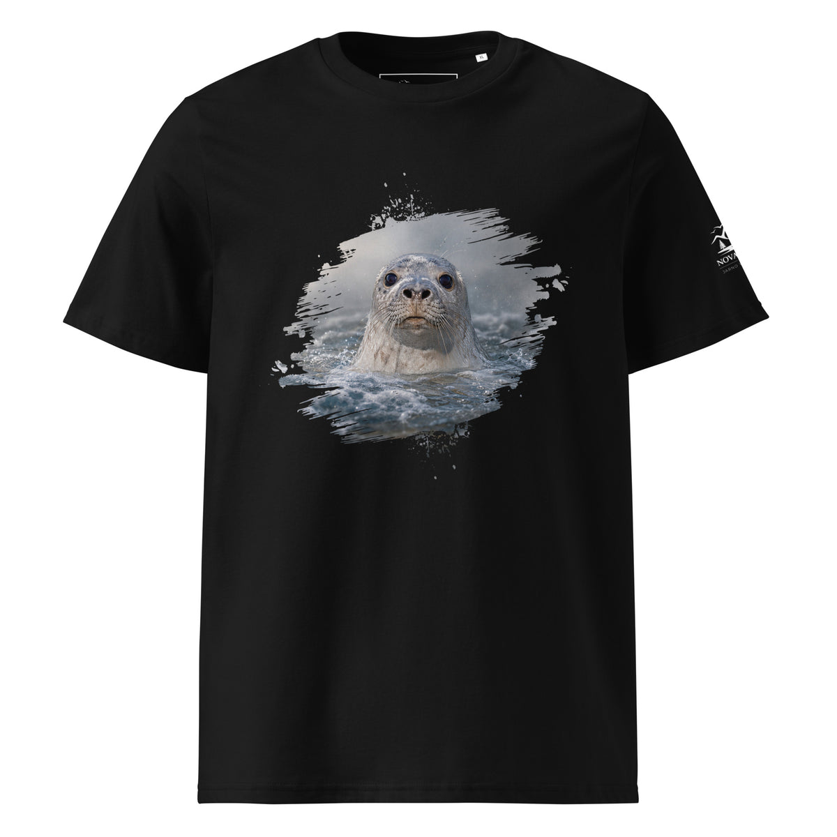 Black organic cotton t-shirt with a Baltic Grey Seal wildlife photo print from the exclusive Novapuro x Jarno Virtanen collection.