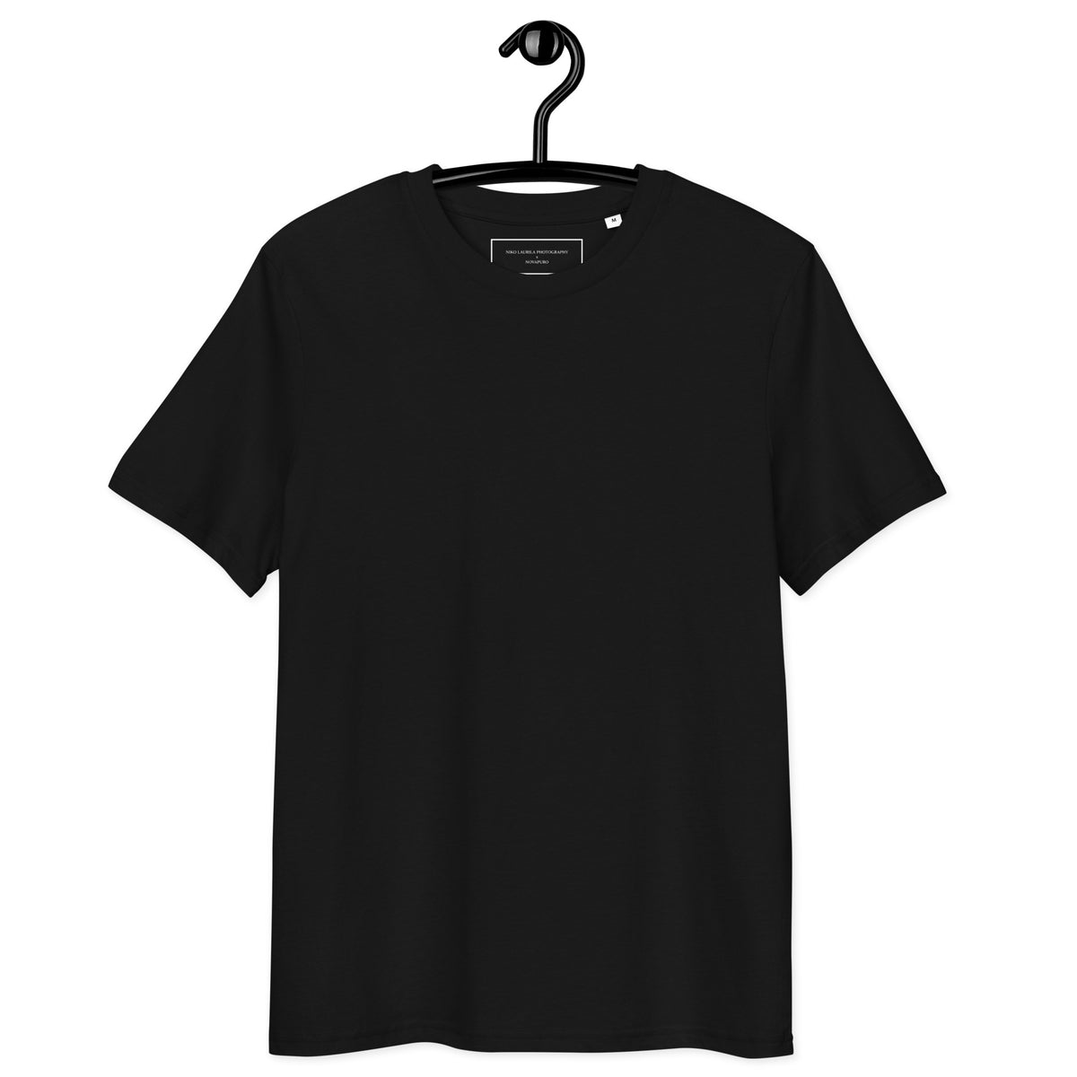 Front view of the blank black 100% GOTS-certified organic cotton t-shirt, designed with a comfortable medium fit.   