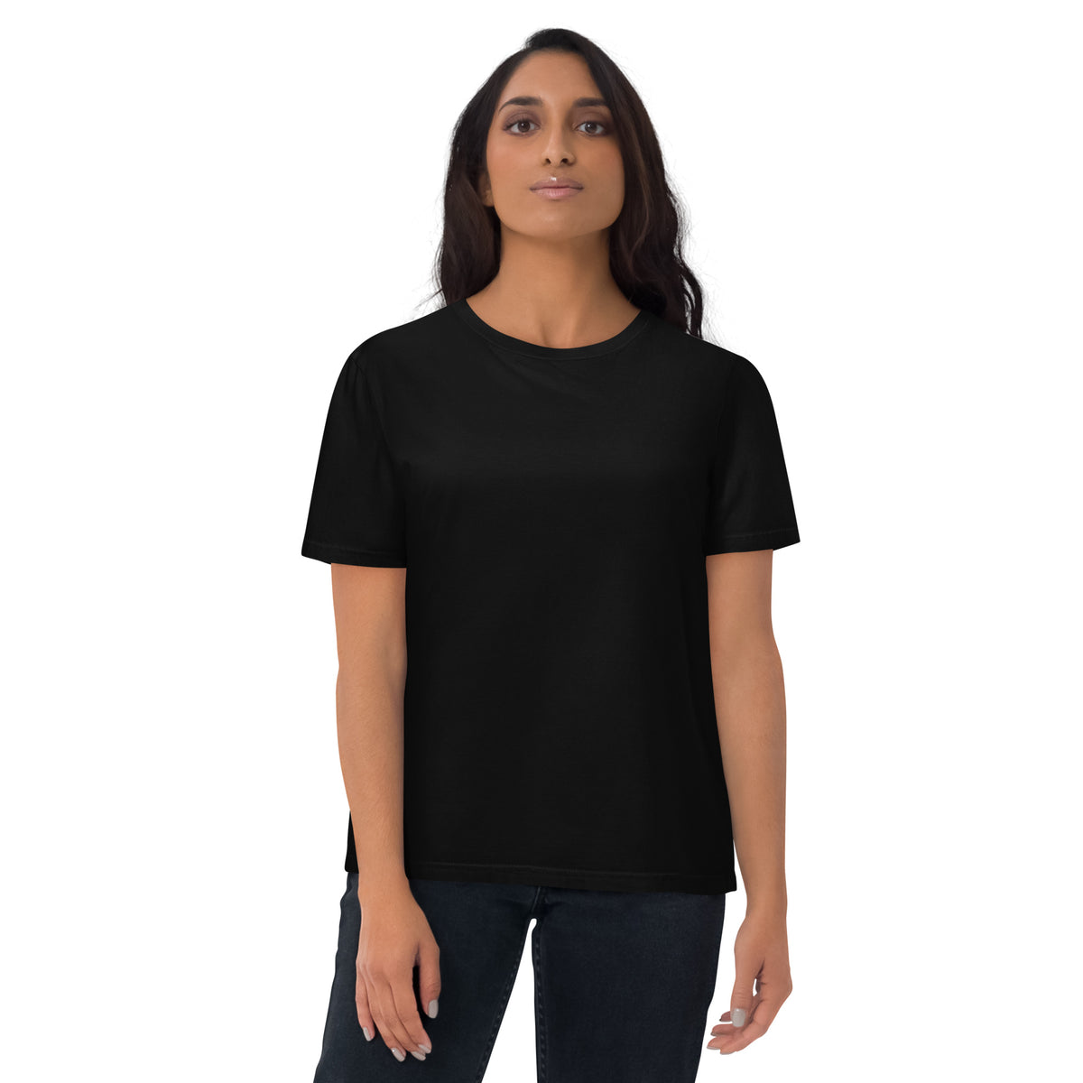 Front view of a woman wearing the black Niko Laurila x Novapuro organic eco t-shirt, highlighting its clean, minimalist front design.   