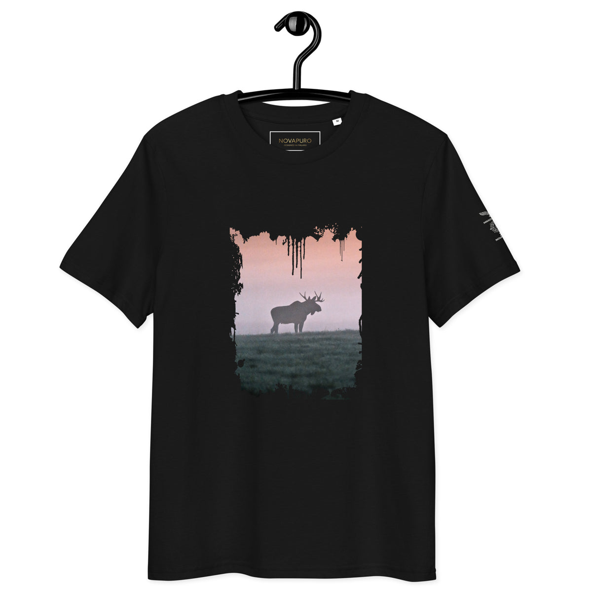 Front view of the eco-friendly unisex t-shirt in black, showcasing the artistic 'Forest King' distressed edge print.