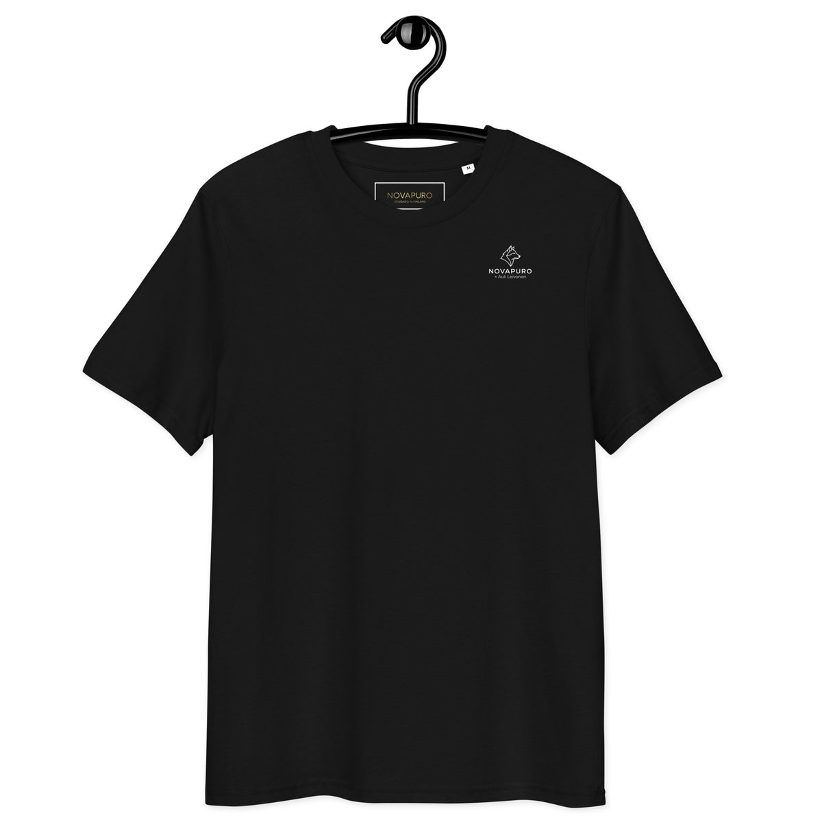 Front view of a blank black organic cotton t-shirt on a hanger. High-quality sustainable staple piece for a mindful wardrobe.