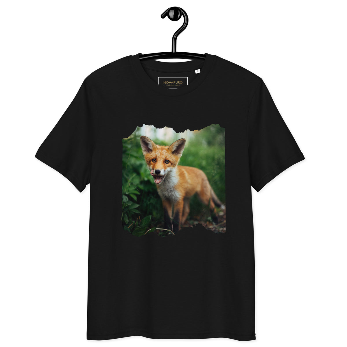 Black Unisex Organic Cotton Creator 2.0 T-Shirt made of 100% organic cotton, featuring a Nordic fox wildlife photograph by Johannes Immonen.   