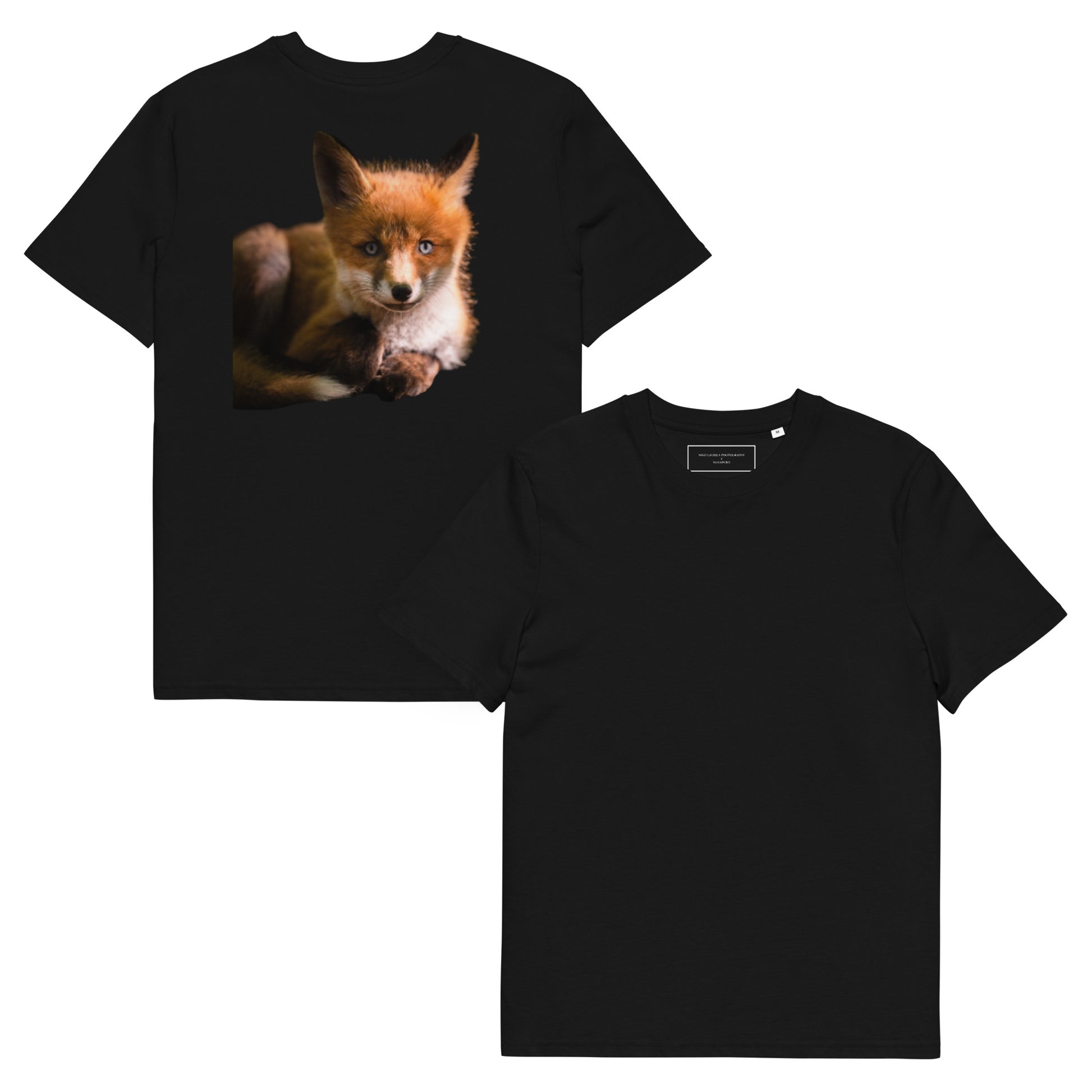 Back view featuring Niko Laurila's original red fox wildlife photography print on a premium eco tee