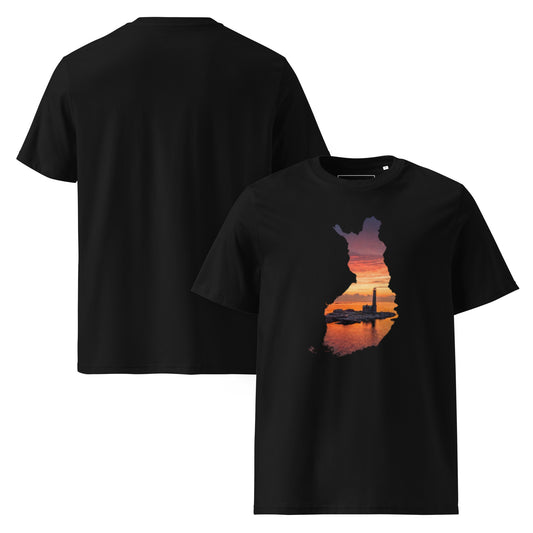 Front view of the organic cotton t-shirt featuring Niko Laurila's original lighthouse photography from the Novapuro collaboration capsule