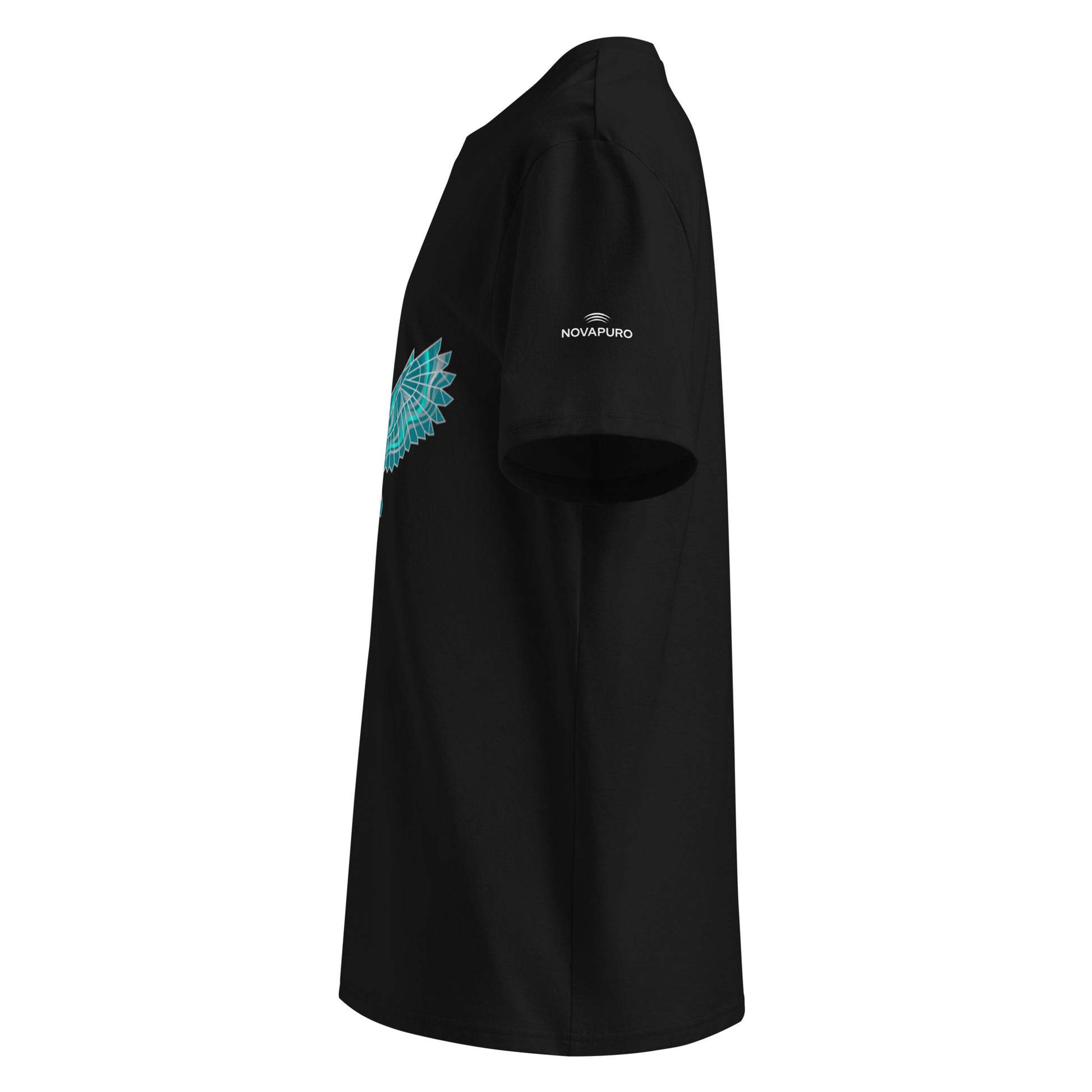 Side view of the eco-friendly Novapuro black t-shirt showing the comfortable medium fit and set-in sleeves.