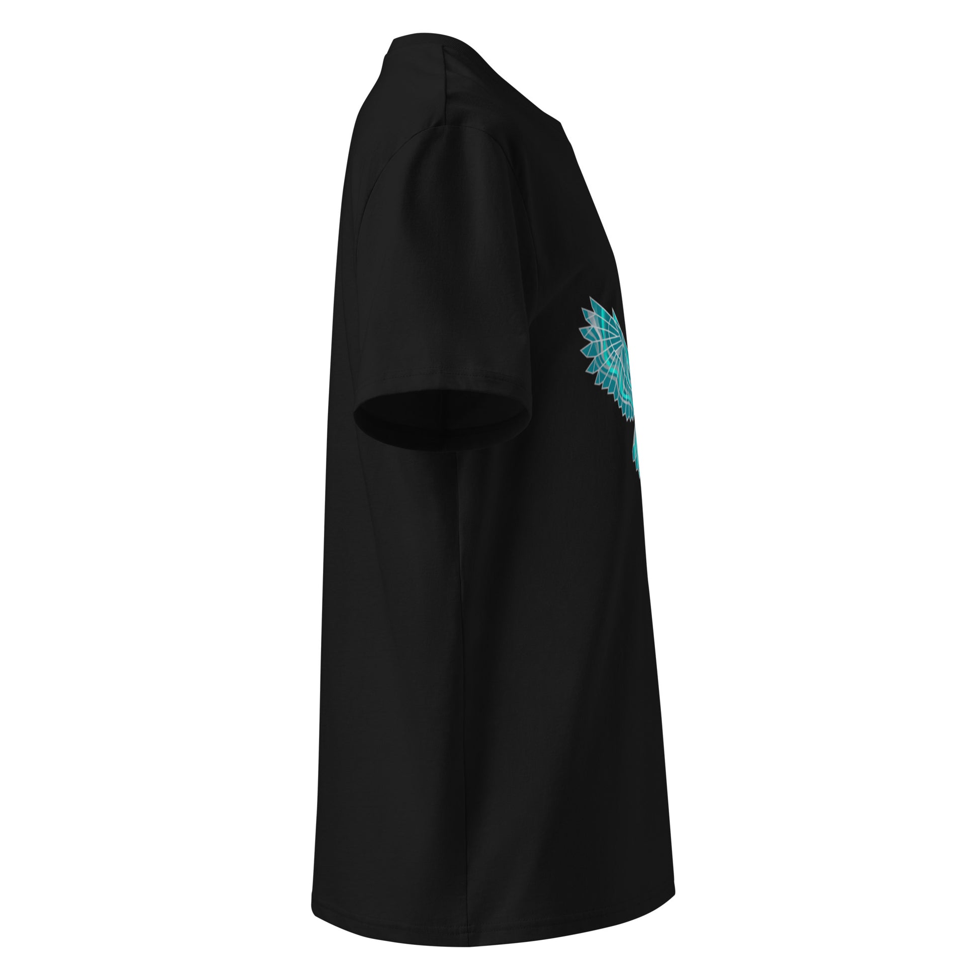 Side view of the eco-friendly Novapuro black t-shirt showing the comfortable medium fit and set-in sleeves.