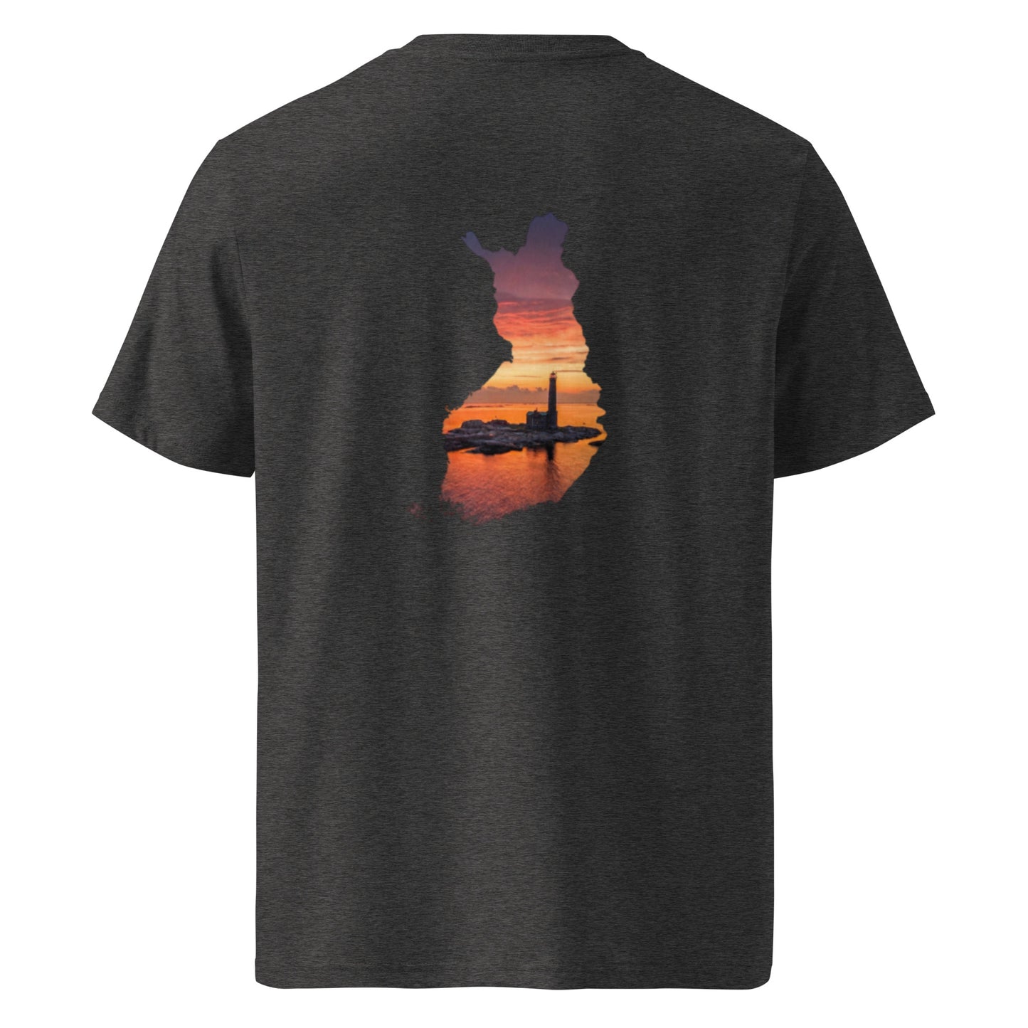 Back view featuring Niko Laurila's lighthouse photography inside a Finland map silhouette on a premium eco tee