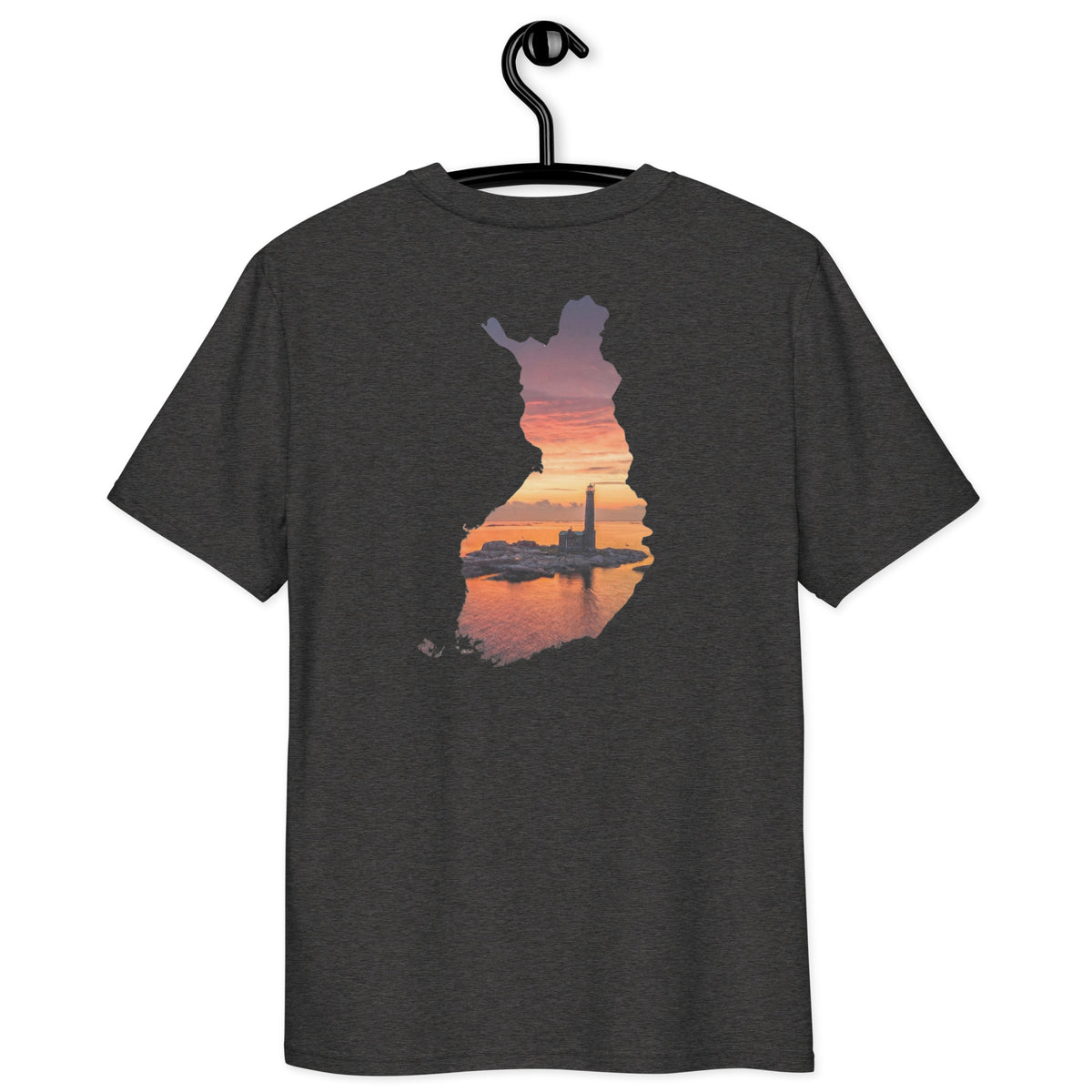 Back view of the sustainable black organic t-shirt featuring the exclusive 'Finland Lighthouse' coastal photography artwork.   