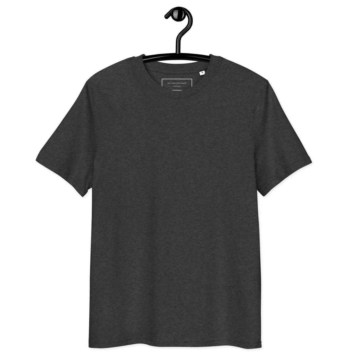 Front view of the blank black 100% GOTS-certified organic cotton t-shirt, designed with set-in sleeves and a comfortable fit.   