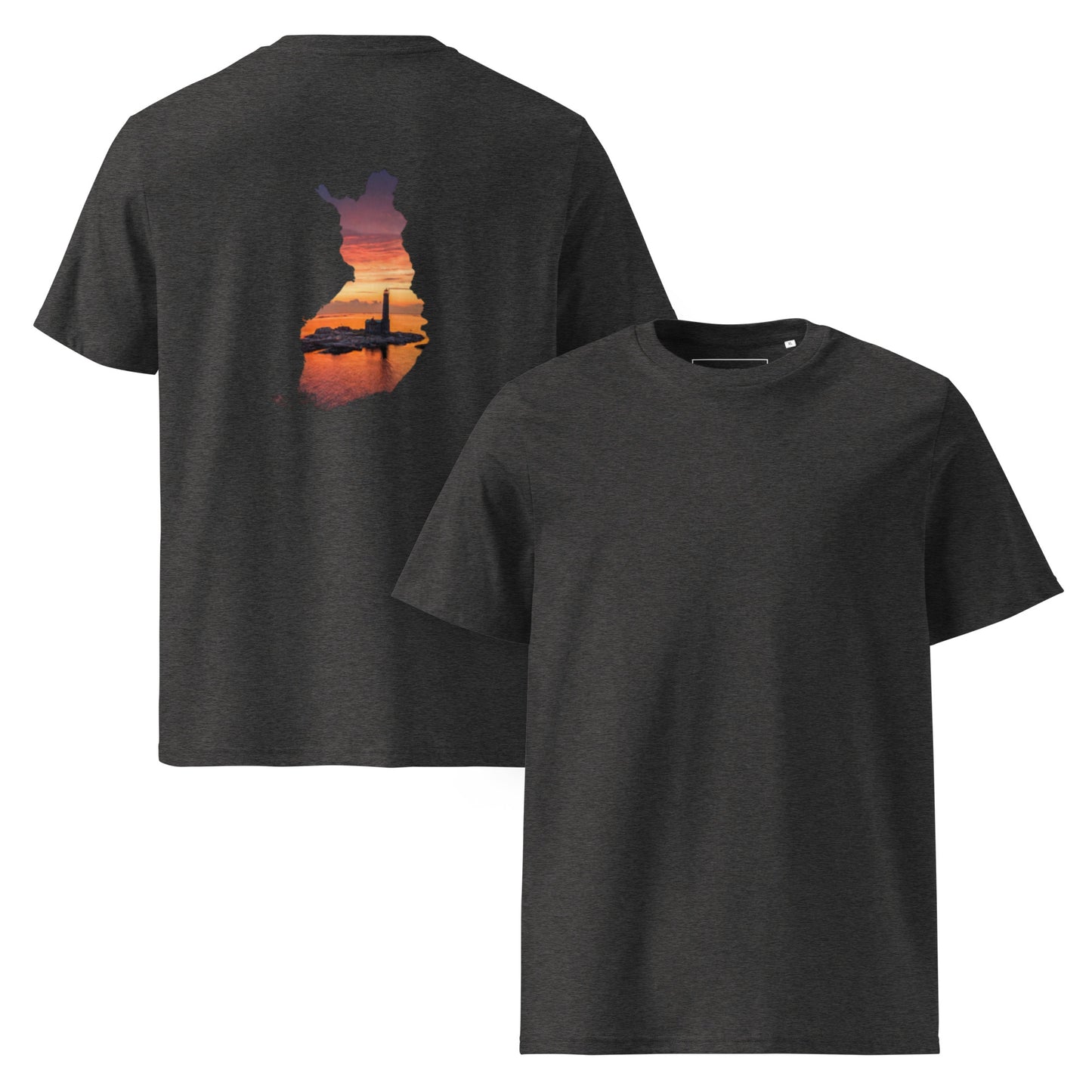 Back view featuring Niko Laurila's lighthouse photography inside a Finland map silhouette on a premium eco tee