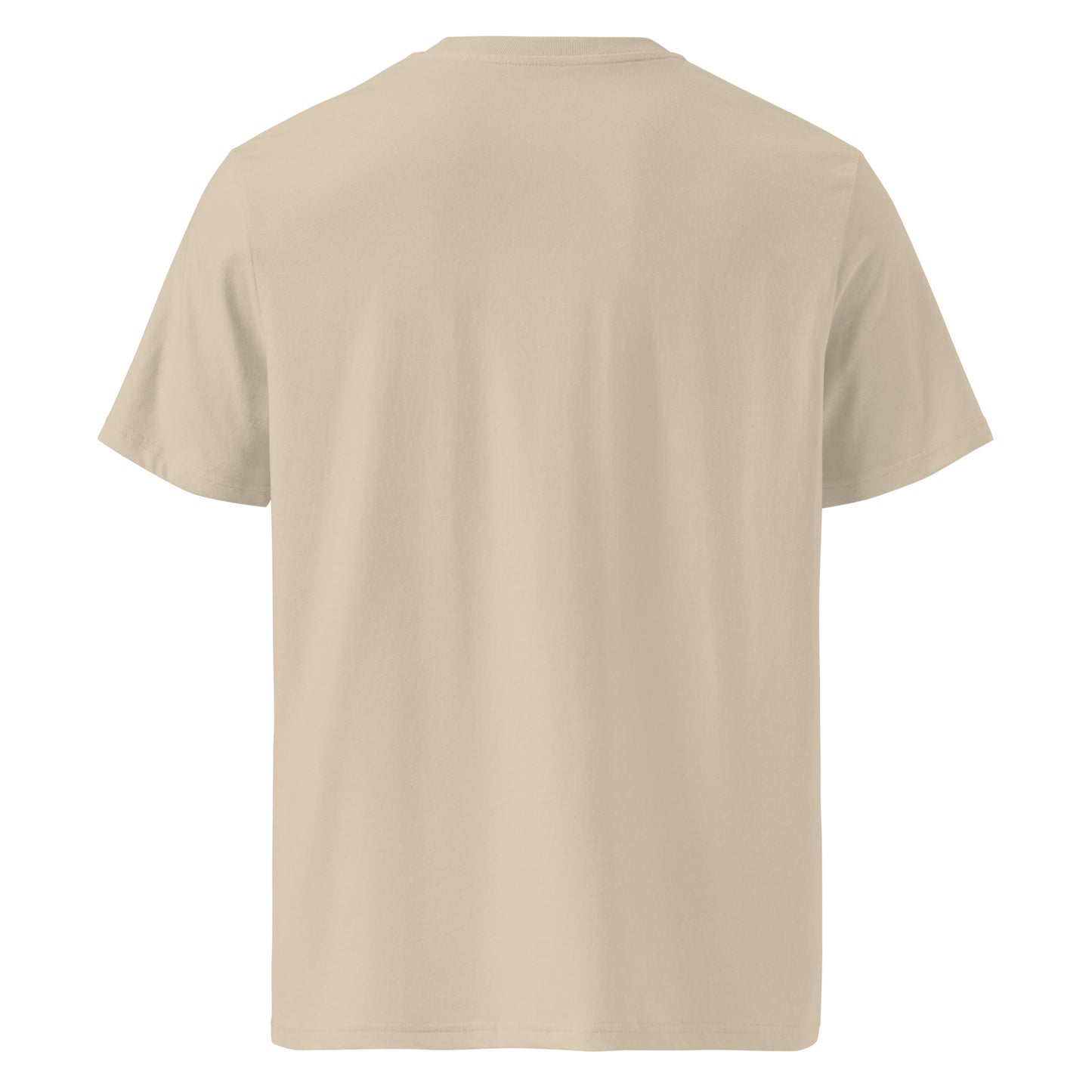 Back view of the minimalist Novapuro organic cotton tee in desert dust sand color
