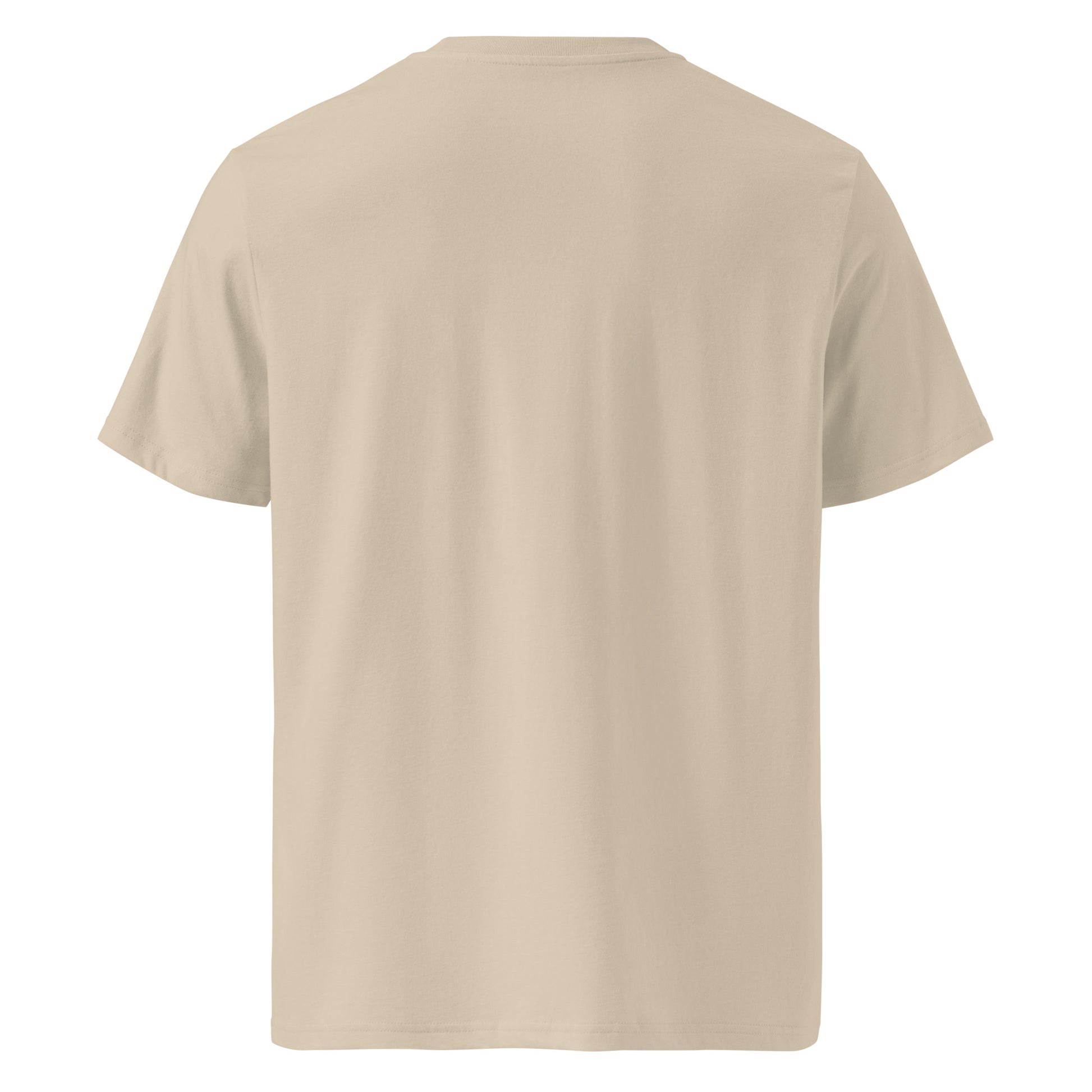 Back view of the minimalist Novapuro organic cotton tee in desert dust sand color
