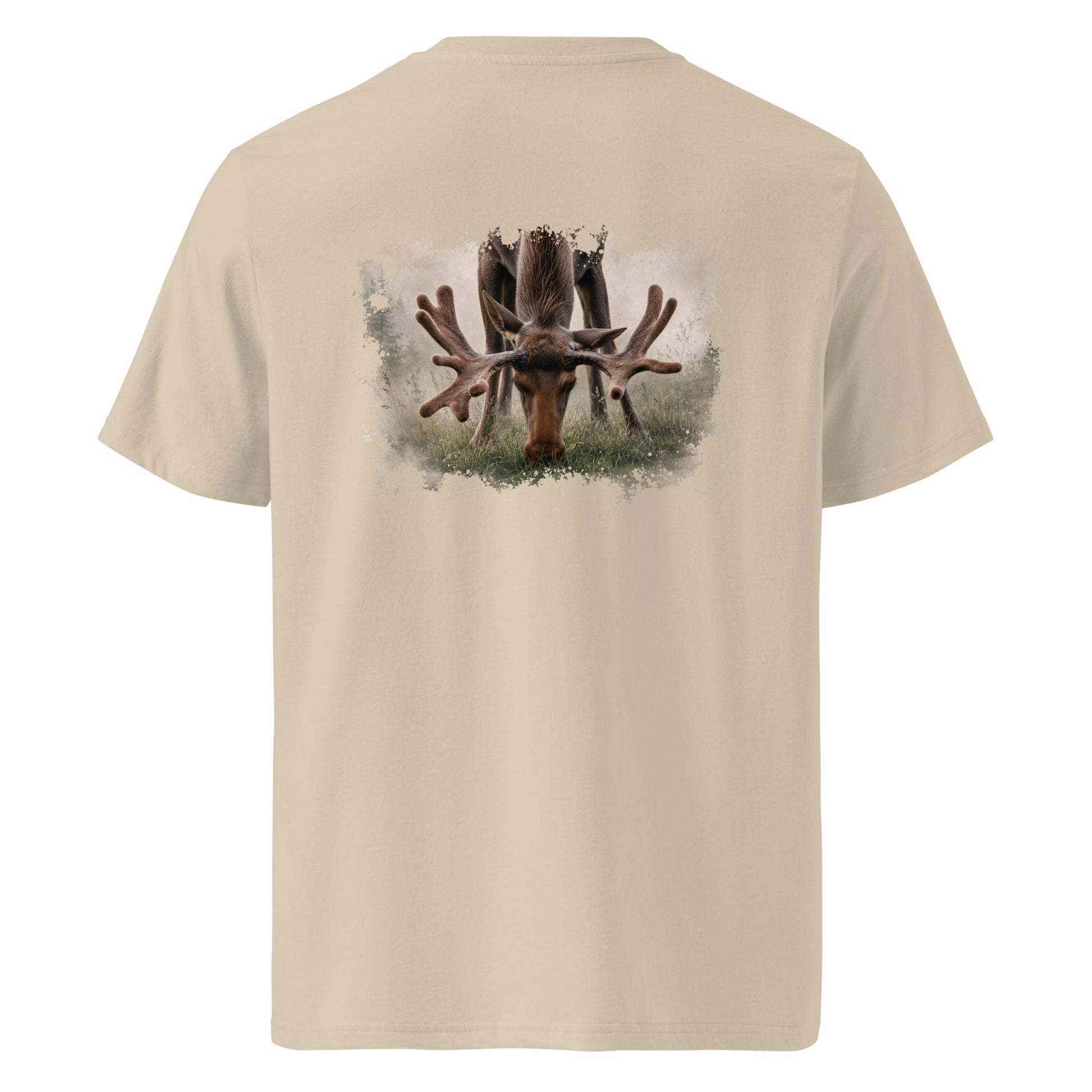 Back view of the Desert Dust Novapuro organic cotton t-shirt featuring an authentic Nordic moose wilderness illustration by Jarno Virtanen