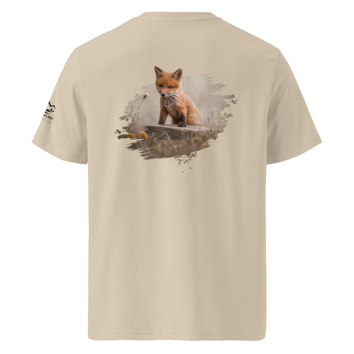 Back view of the sand-colored organic cotton t-shirt featuring an authentic Fox wildlife photograph by Jarno Virtanen.