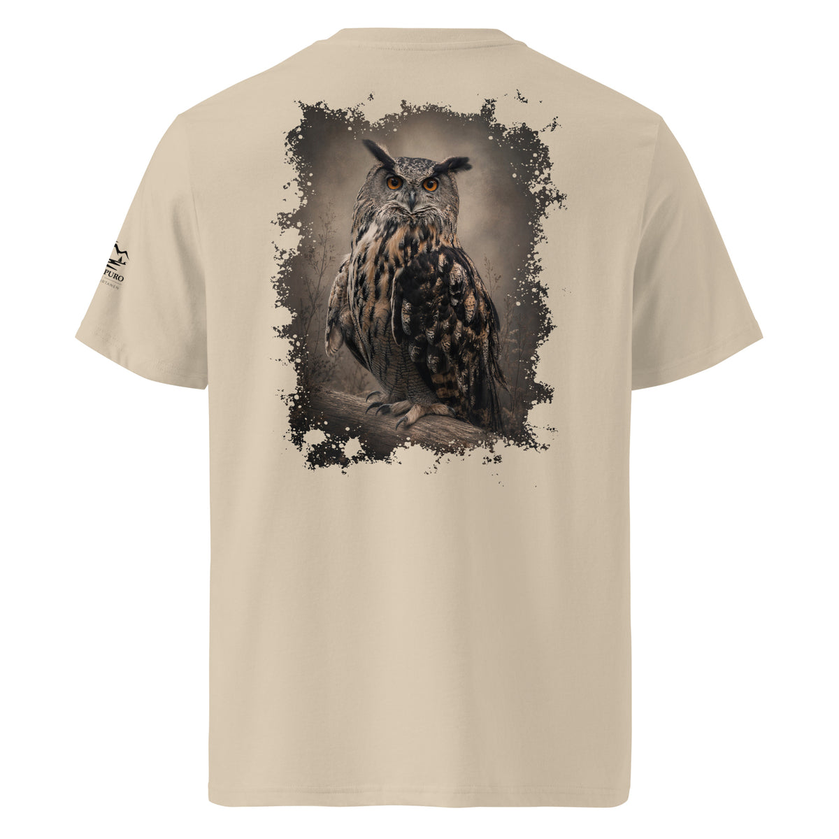 Back view of the sand-colored organic cotton t-shirt highlighting the detailed Eagle Owl wildlife photography print by Jarno Virtanen.