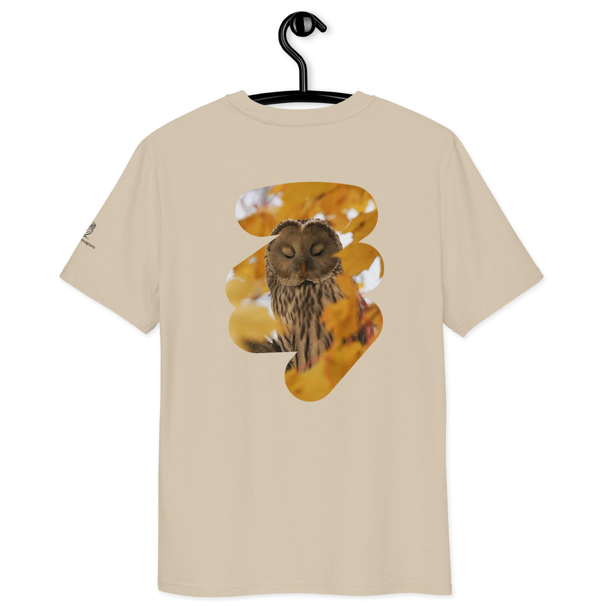Ural Owl Organic T-Shirt on a hanger, featuring an exclusive wild Finnish owl print and sustainable medium-fit design.