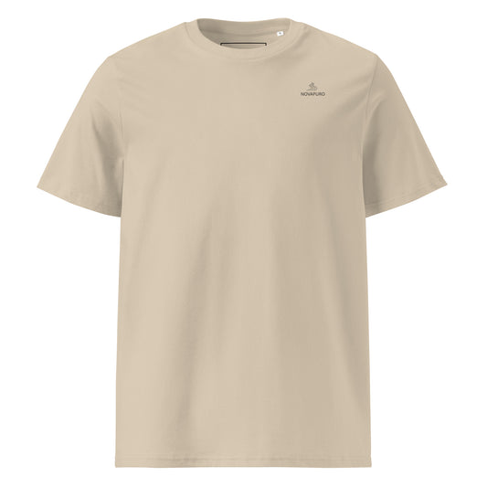 Minimalist sand-colored organic cotton t-shirt with a small Novapuro river logo on the chest
