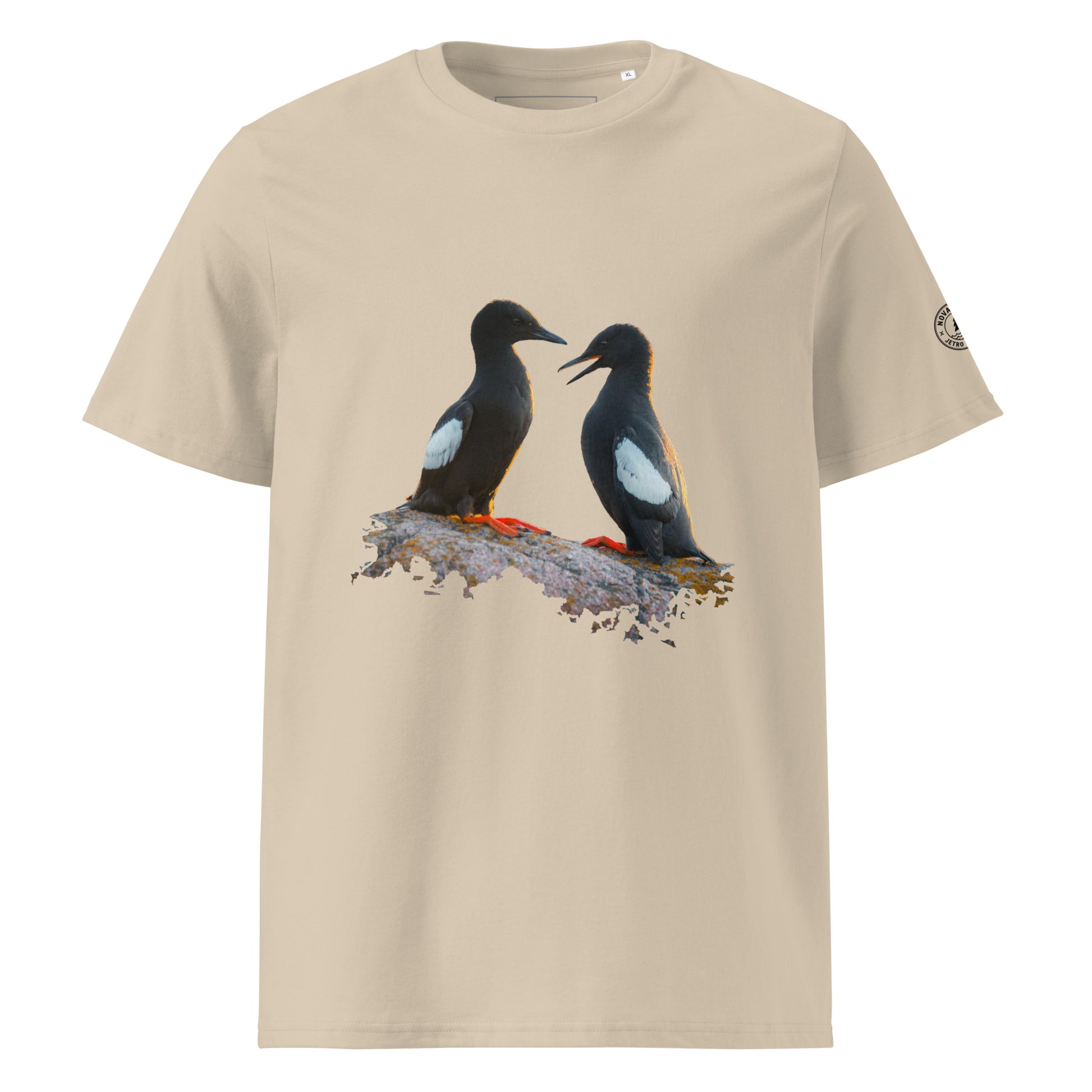 Jetro Luhtaa x Novapuro Baltic Guillemots organic cotton t-shirt in sand color featuring Nordic wildlife photography print.