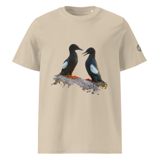 Jetro Luhtaa x Novapuro Baltic Guillemots organic cotton t-shirt in sand color featuring Nordic wildlife photography print.