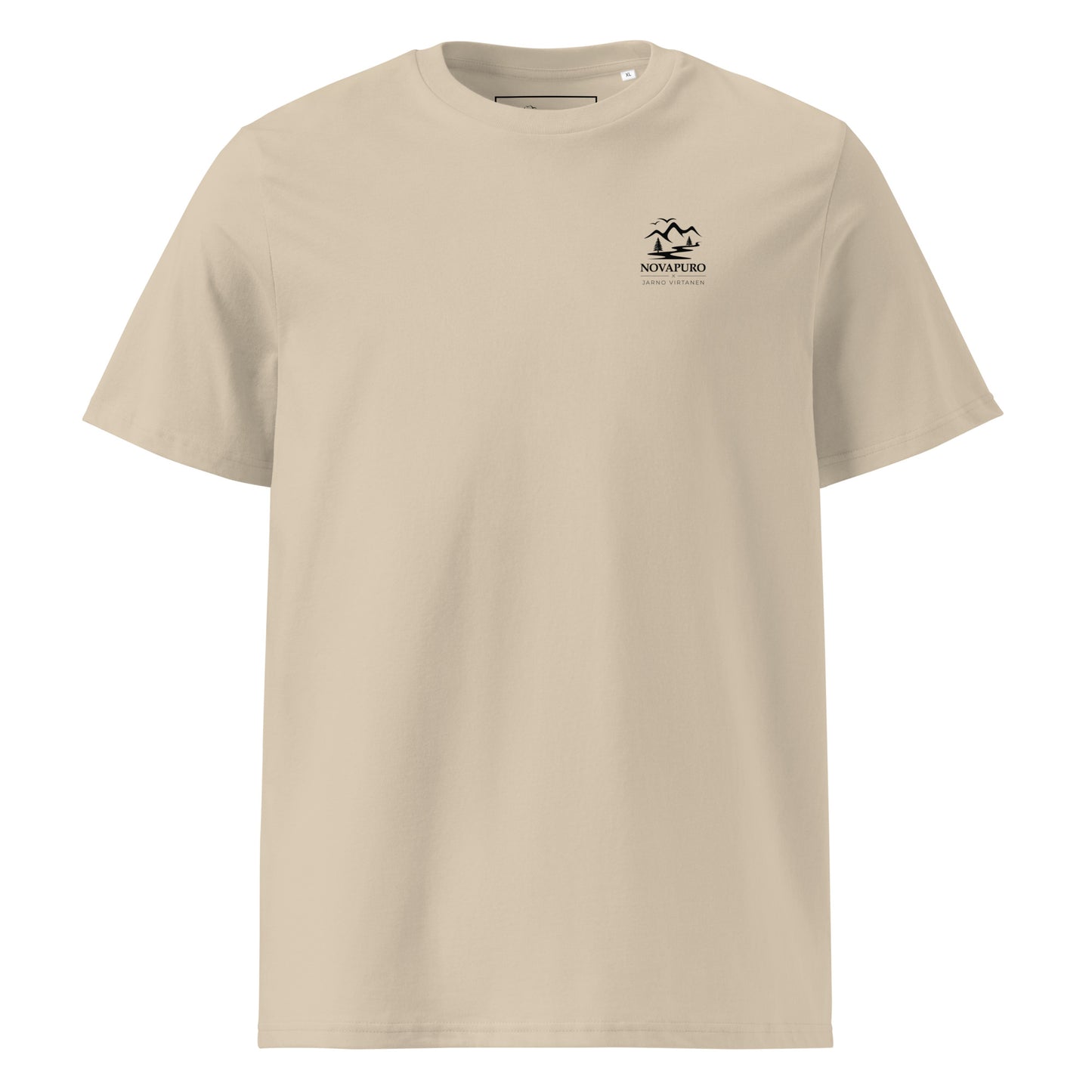 Front view of the Desert Dust Novapuro x Jarno Virtanen organic cotton eco t-shirt showing a subtle Nordic mountain emblem on the chest