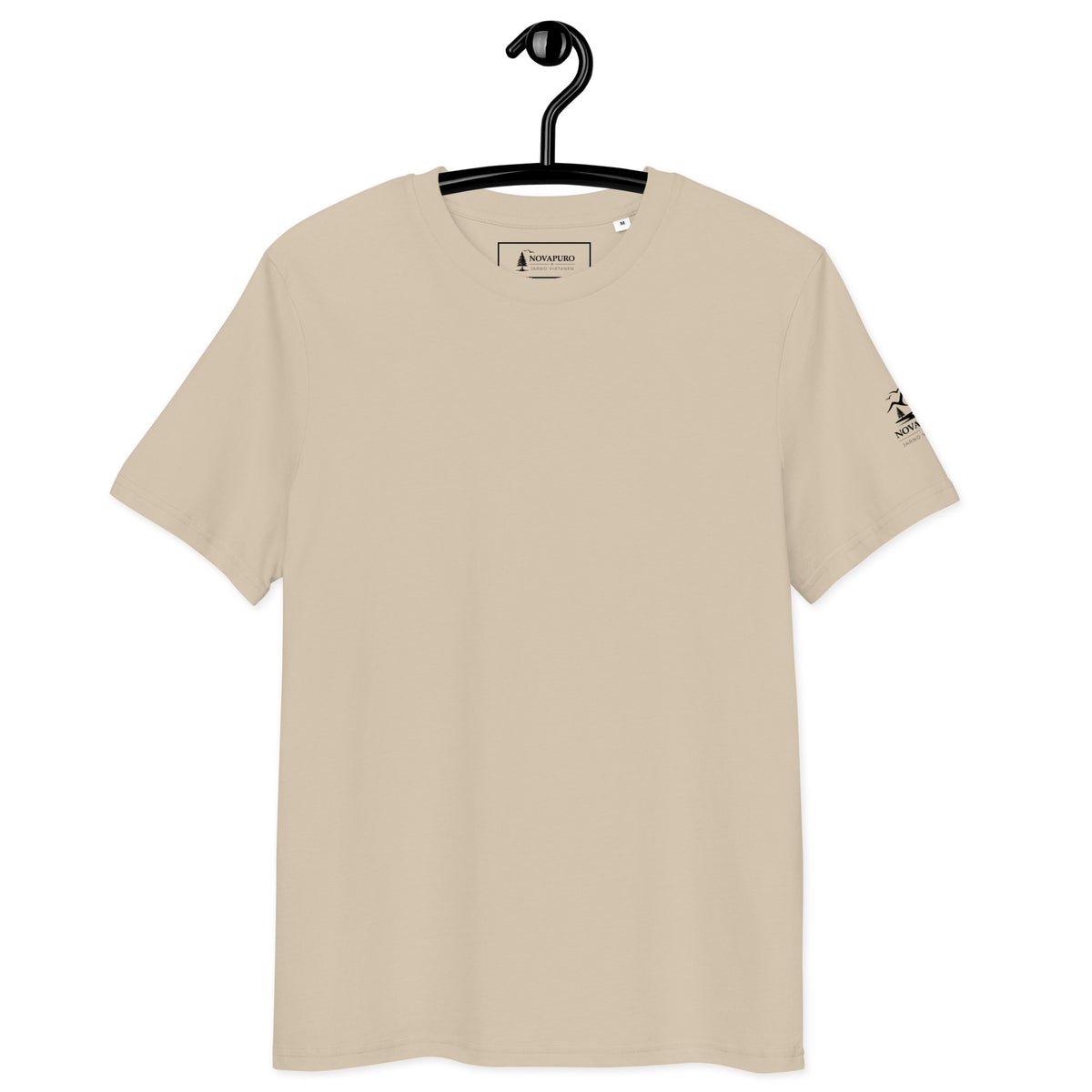 Front view of a minimalist beige organic ring-spun cotton t-shirt on a hanger. A breathable, sustainable, and highly comfortable wardrobe essential from the Novapuro x Jarno Virtanen collection.
