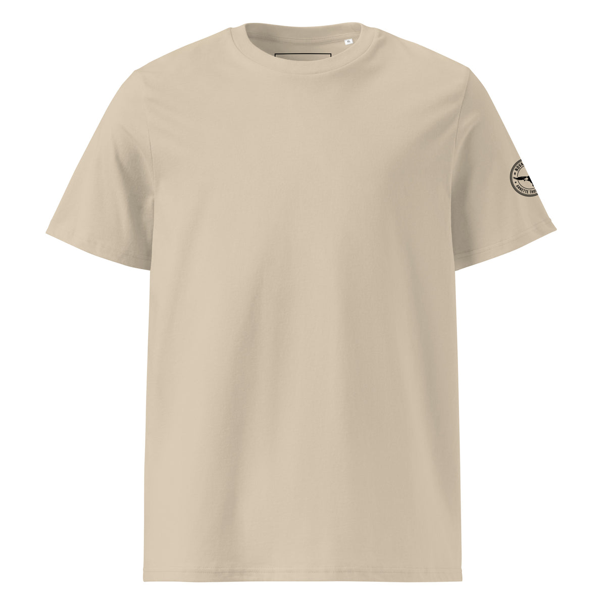 front view of a person wearing a desert-colored organic cotton t-shirt featuring an artistic white-tailed eagle wildlife print by Annette Thome Marttinen x Novapuro.