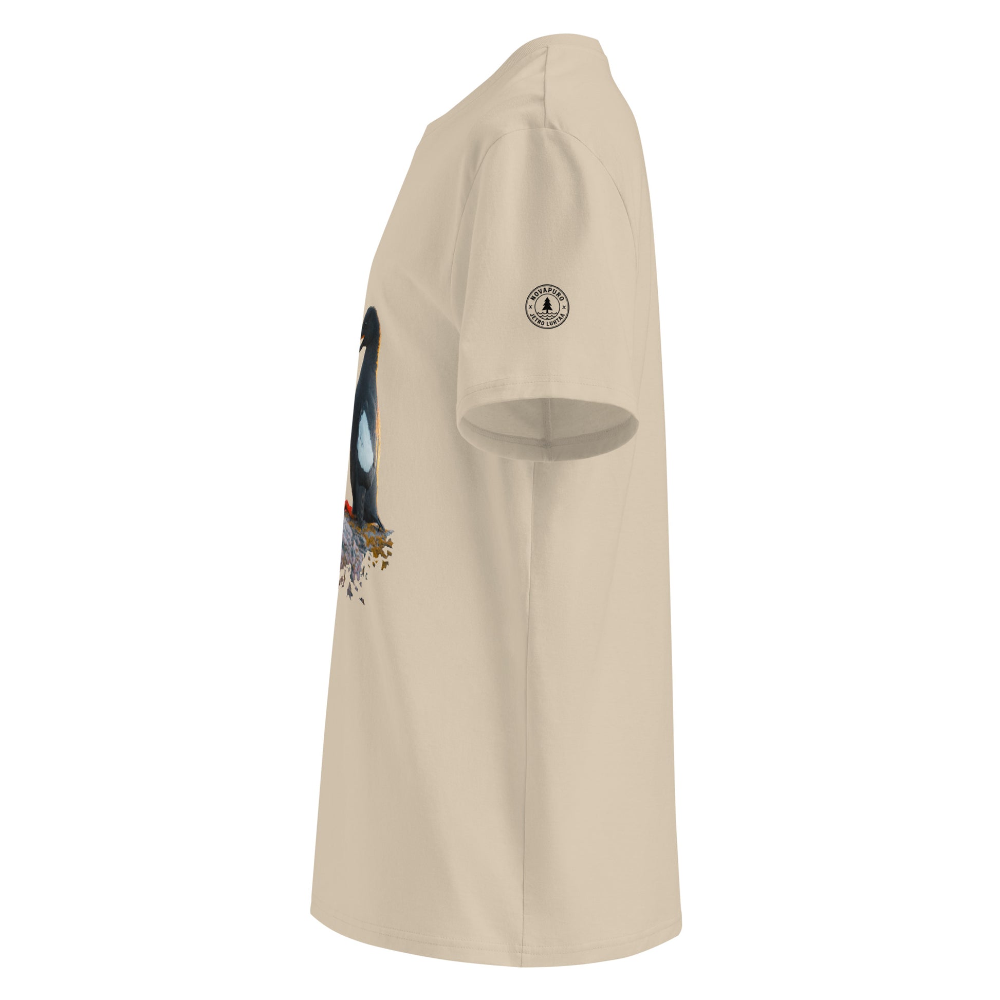 Side angle of the eco-friendly Baltic Guillemots t-shirt showing the comfortable medium fit and sleeve details.