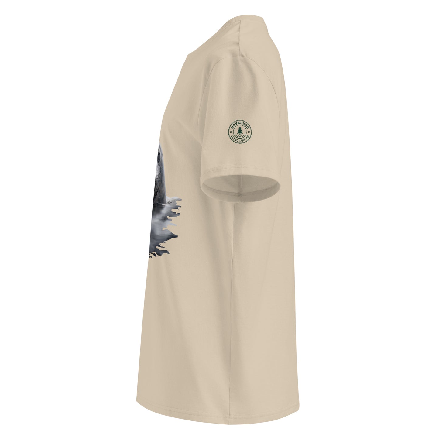 Side angle showing the comfortable medium fit and set-in sleeves of the eco-friendly Saimaa Ringed Seal graphic tee.