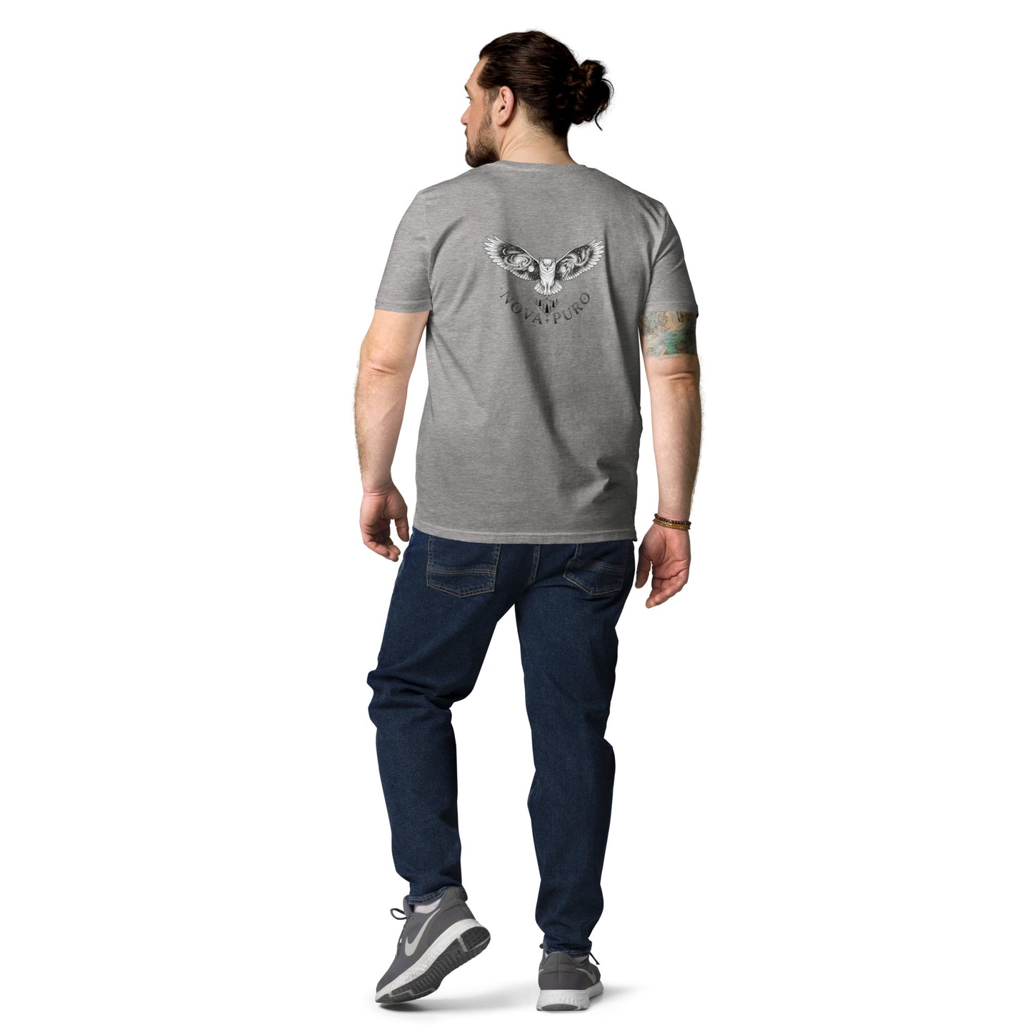 Back view of a male model wearing the grey Novapuro organic cotton t-shirt with the mystic Night Owl and moon phases design.