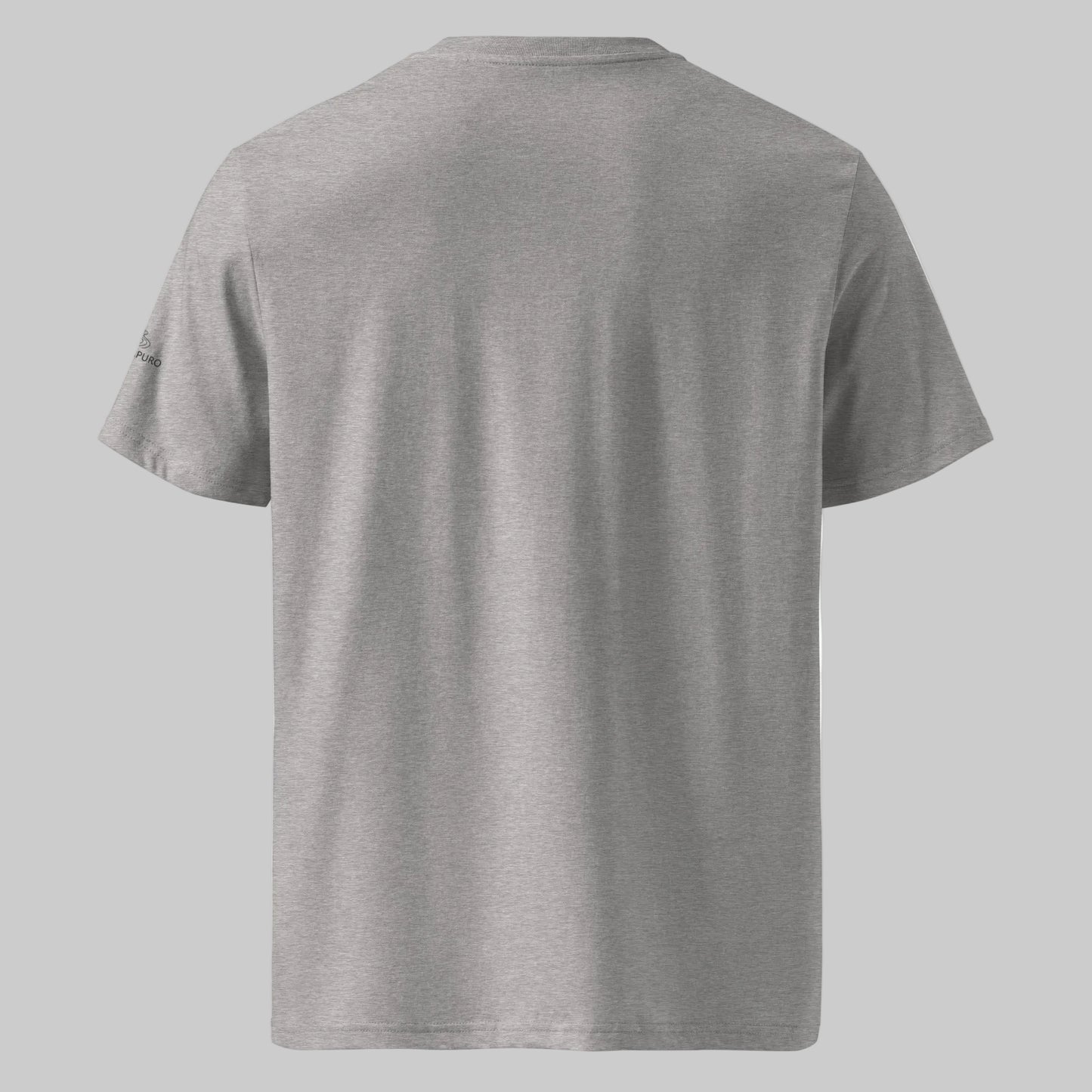 A premium grey organic cotton unisex t-shirt with a nightless night and forest lake bear silhouette graphic.