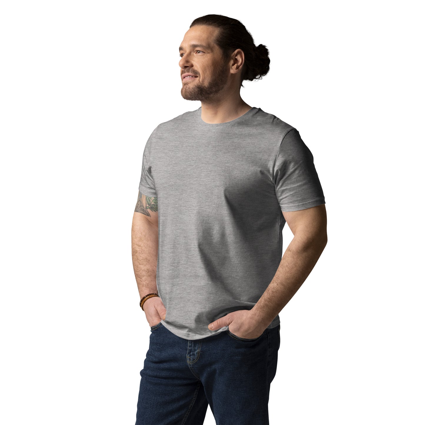 Side profile of a male model wearing the sustainable and comfortable grey Novapuro unisex t-shirt.